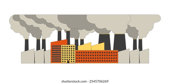 Planta de producción con Grande objeto de dibujos animados 2D nube de smog. Clipart de Vector plano del elemento aislado de los contaminantes tóxicos del entorno dañino complejo del Industrial en el fondo blanco. Ilustración de punto