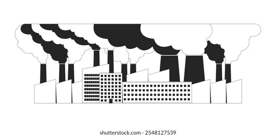 Planta de produção com grande nuvem de neblina preto e branco objeto de linha 2D. Complexo industrial danificando o ambiente com poluentes isolado clip art vetor item de contorno. Ilustração de ponto monocromático