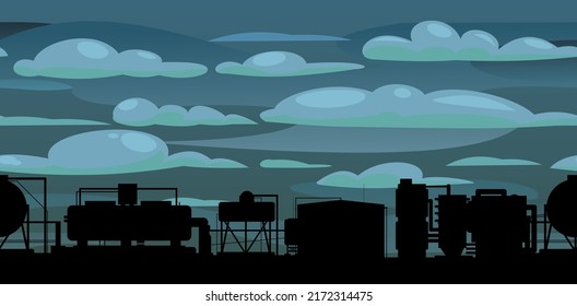 Production plant. Seamless horizontal composition. Cloudy weather and smoke. Silhouette of objects. Industrial technical equipment. Factory chemical. Modern technology enterprise. Vector.