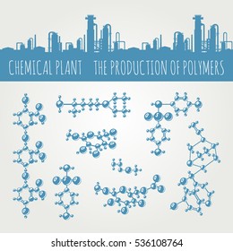 The production of polymers. Monochrome Vector seamless border. Molecules