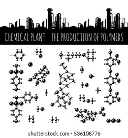 The production of polymers. Monochrome Vector seamless border. Molecules