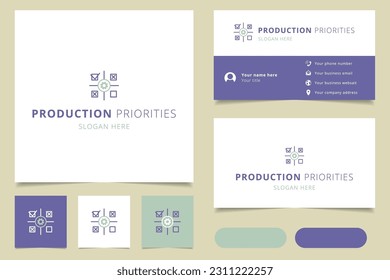 Production priorities logo design with editable slogan. Branding book and business card template.