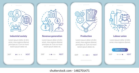 Production process blue onboarding mobile app page screen vector template. Industrial society, labour union. Walkthrough website steps with linear icons. UX, UI, GUI smartphone interface concept