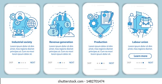 Produktionsprozess blauer Onboarding Mobile App Bildschirm mit linearen Konzepten. Industriegesellschaft, Gewerkschaft durch Schritte grafische Anweisungen. UX, UI, GUI-Vektorvorlage mit Illustrationen