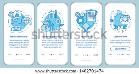 Production process blue onboarding mobile app page screen with linear concepts. Industrial society, labour union walkthrough steps graphic instructions. UX, UI, GUI vector template with illustrations