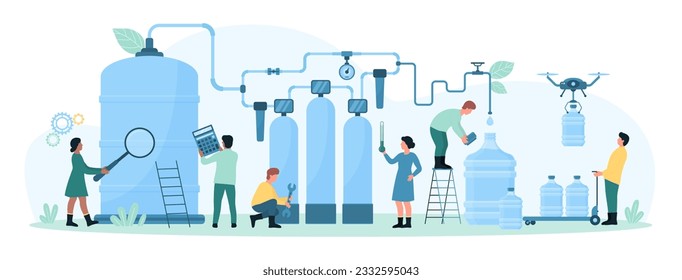 Proceso de producción de ilustraciones de vectores de agua limpia. Pequeñas personas caricaturistas trabajan con instalaciones de tratamiento de fábricas, echan agua potable a botellas de plástico y refrigeradores portátiles, entregan drones