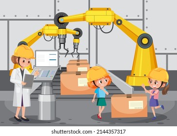 Production process concept with assembly line automation illustration