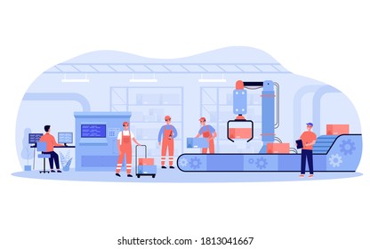 Production process in factory. Workers and robot removing boxes from conveyor belt. Engineer at computer controlling system. Vector illustration for industry, automation, machine technology concepts