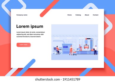 Production process in factory. Workers and robot removing boxes from conveyor belt. Engineer at computer controlling system. Vector illustration for industry, automation, machine technology concepts