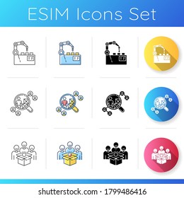 Production process icons set. Linear, black and RGB color styles. Manufacturing automation, distribution network and pilot production. Commercial product development. Isolated vector illustrations