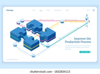 Production process improve isometric landing page, leverage connect puzzle pieces and artificial intelligence robot. Teamwork solutions, business team cooperation 3d vector illustration, web banner