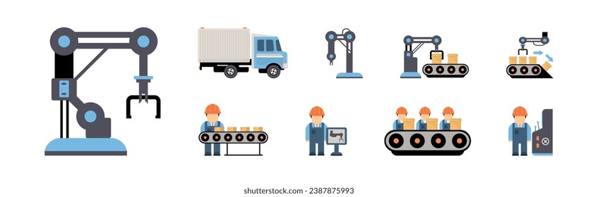 Production Process with Machine Operator Man in Hard Hat Icons Vector Set