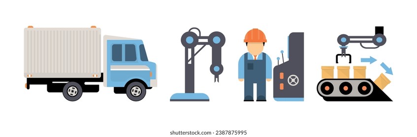 Production Process with Machine Operator Man in Hard Hat Icons Vector Set