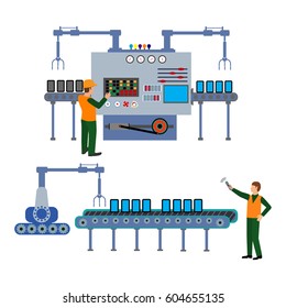 Production Process on the Line Conveyor.Robotic Assembly Line.Factory production process of design manufacture assembly vector illustration