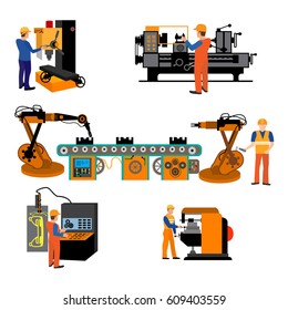 Production Process on the Line Conveyor.Robotic Assembly Line.Factory production process of design manufacture assembly vector illustration