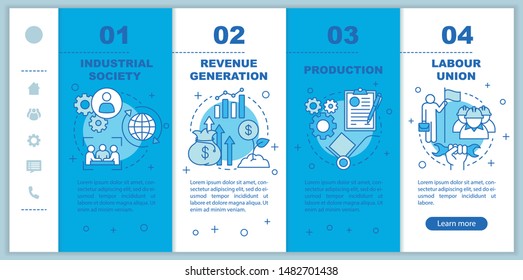 Production process onboarding mobile web pages vector template.  Industrial society. Responsive smartphone website interface idea with linear icons. Webpage walkthrough step screens. Color concept 