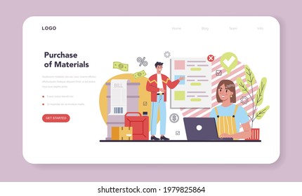 Production process web banner or landing page. Raw material supply. Manufacturing process, factory production. Company as a customer, business partnership. Flat vector illustration