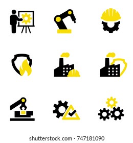 Production, protection and safety of machines and processes in in production areas. Industrial icons set. Simple isolated illustrations