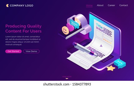 Production of quality content for users, vector isometric concept. Content marketing and blogging ad, open laptop, paper post layout and pen, cloud and conveyor with social icon ultraviolet background