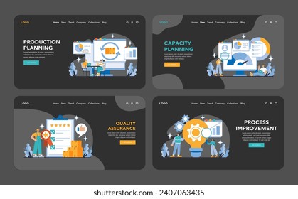 Production and Quality night or dark mode web or landing page set. A collection of web banners depicting essential phases in operational excellence, from planning to process improvement.
