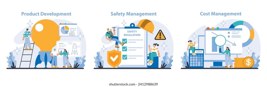 Production and Quality set. Creative process of innovation, safety protocols adherence, and strategic cost analysis. Flat vector illustration.