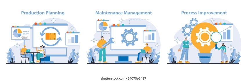 Conjunto de producción y calidad. Información sobre la planificación de la producción, el mantenimiento y la mejora continua. Estrategia y trabajo en equipo para lograr resultados de calidad. Ilustración vectorial plana.