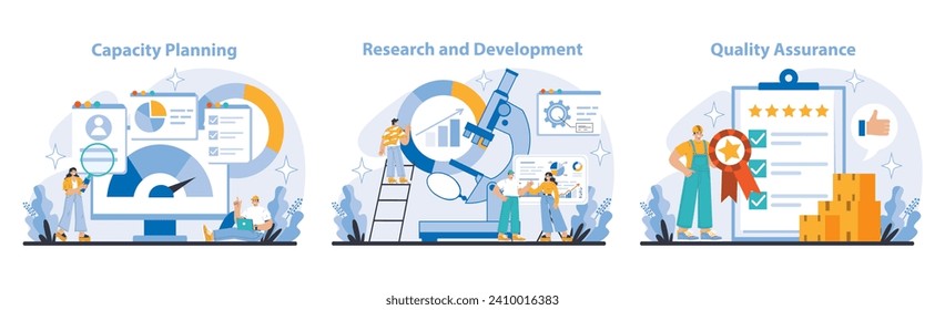 Production and Quality set. Strategic workflow optimization. Employee engagement in operational efficiency. Ensuring standards in process and output. Flat vector illustration.