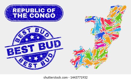 Production Republic of the Congo map and blue Best Bud grunge stamp. Colorful vector Republic of the Congo map mosaic of mechanics items. Blue rounded Best Bud stamp.
