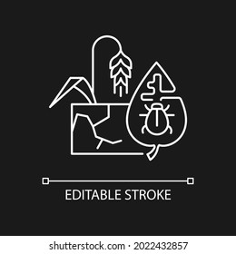 Production risks white linear icon for dark theme. Risk management in agriculture. Thin line customizable illustration. Isolated vector contour symbol for night mode. Editable stroke