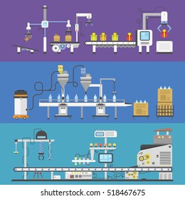 Production robotic system processing automated line transporter vector illustration. Automatic factory linear without human