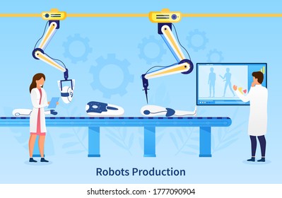 Production of robots on the assembly line. Male and female workers control at Conveyor the assembly process of the robot. Industrial Engineering. Perfect for web design and landing Vector Illustration