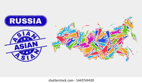 Production Russia map and blue Asian distress watermark. Bright vector Russia map mosaic of production. Blue rounded Asian stamp.