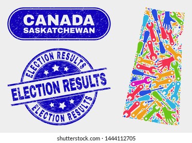 Production Saskatchewan Province map and blue Election Results distress stamp. Colorful vector Saskatchewan Province map mosaic of production components. Blue round Election Results seal.