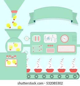 Production of scientific knowledge. Vector illustration of factory producing test tubes with chemical substance. Chemistry production from light bulb. Empty ribbon for insert text. Conceptual.