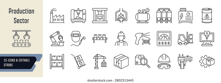 Production sector line icons collection, 25 editable stroke symbols depicting factory and heay machinery, automation and smart manufacturing, quality control and safety