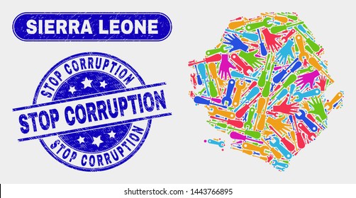 Production Sierra Leone map and blue Stop Corruption textured seal stamp. Colorful vector Sierra Leone map mosaic of tools units. Blue rounded Stop Corruption stamp.