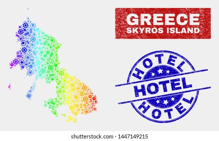 Production Skyros Island map and blue Hotel distress seal stamp. Spectral gradiented vector Skyros Island map mosaic of mechanics elements. Blue rounded Hotel seal.