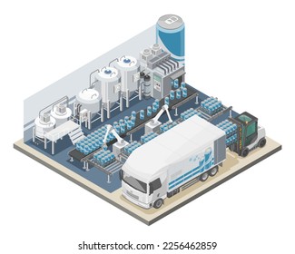 Production of Soda Soft Drink Produce Factory usd robot arm with logistic truck CPG industry cartoon Concept Consumer Packaged Goods food and drink isometric in blue color isolated illustration 