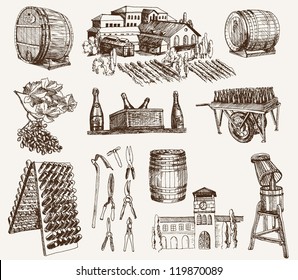 the production of sparkling wines. set of vector sketches