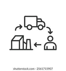 Production supply chain icon in line design. Supply chain, manufacturing flow, distribution system on white background vector. Production supply chain icon in line design editable stroke icon