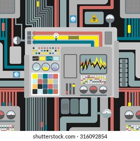 Production system. Control Panel seamless pattern. Background of wires and sensors and devices. high-tech production manufacture ornament