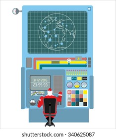 Production systems in new year. Control Panel with buttons and sensors. Button and screens. Wires and valves. Xmas delivery in world. Robotic System Center Santa Claus. Christmas machine factory