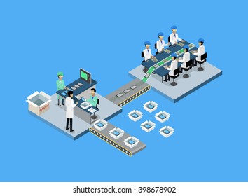 Production Tablet Or Smartphone 3d Isometric. Production Line, Manufacturing And Factory, Smartphone And Tablet, Mobile Phone, Process Production, Conveyor Electronic Industrial Illustration