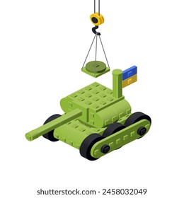 Production of a tank for Ukraine concept on white background. Vector illustration