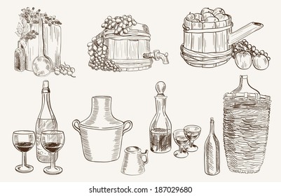 production and tasting homemade wine. set of vector sketches