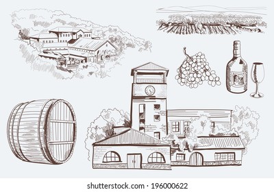 production and tasting homemade wine. set of vector sketches
