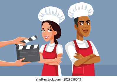 Production Team Filming Cooking Show Vector Illustration. Professional celebrity chefs dueling in cooking competition reality show
