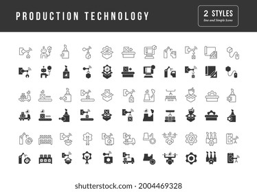 Production Technology. Collection of perfectly simple monochrome icons for web design, app, and the most modern projects. Universal pack of classical signs for category Technology.