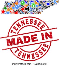 Producción Tennessee State map mosaic y MADE IN texturizado sello de goma. Collage de mapas del estado de Tennessee diseñado a partir de pulseras, cogs, herramientas, objetos, coches, huelgas eléctricas, detalles.