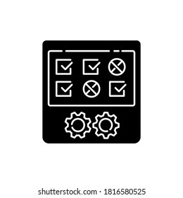 Icono de prueba de producción de glifo negro. Proceso posterior a la fabricación, símbolo de silueta de control de calidad del producto en el espacio blanco. Evaluación de la calidad, examen del equipo. Ilustración aislada del vector